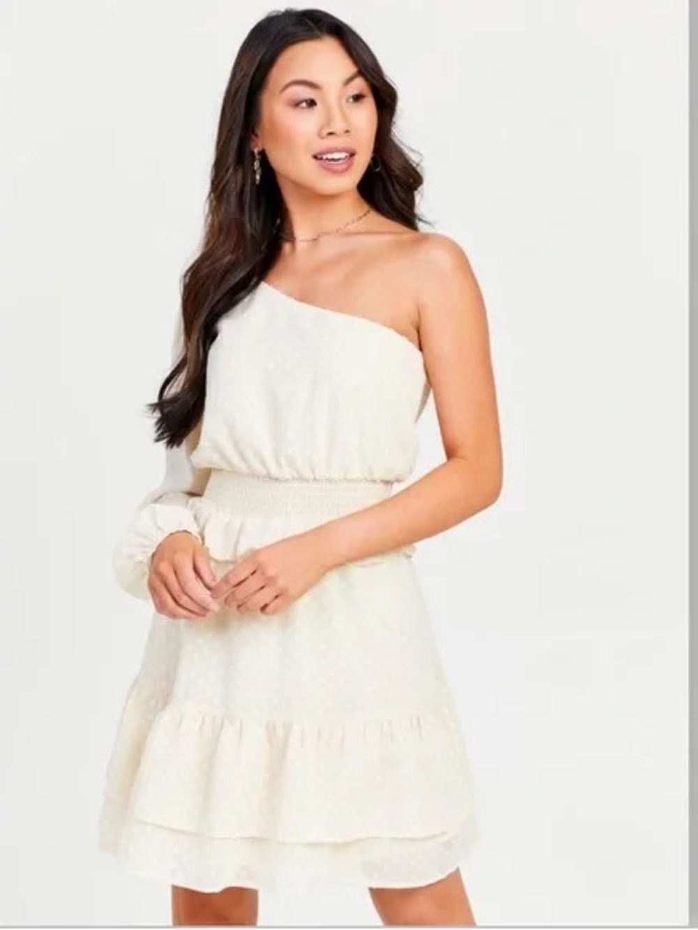 Altar'd State One-Shoulder Light Cream Tiered Dress